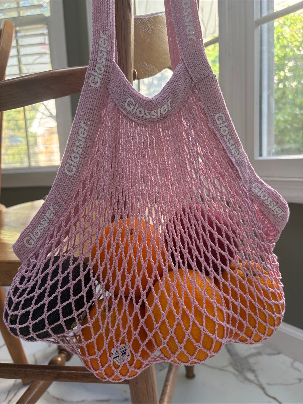 Glossier Pink Mesh Tote with Branded Straps